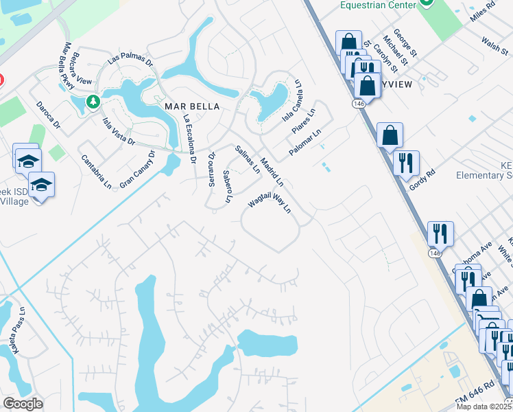 map of restaurants, bars, coffee shops, grocery stores, and more near 4812 Wagtail Way Lane in League City
