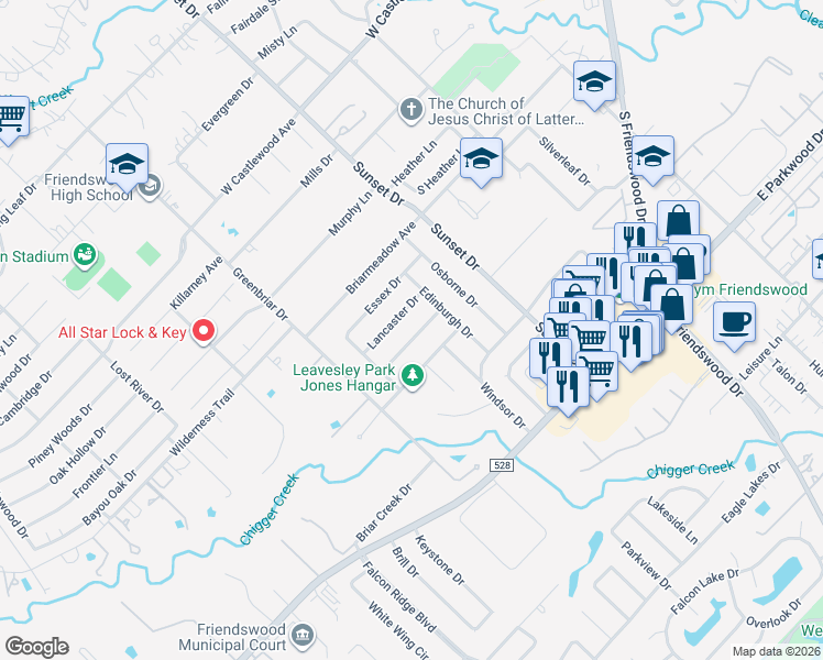 map of restaurants, bars, coffee shops, grocery stores, and more near 807 Sandringham Drive in Friendswood