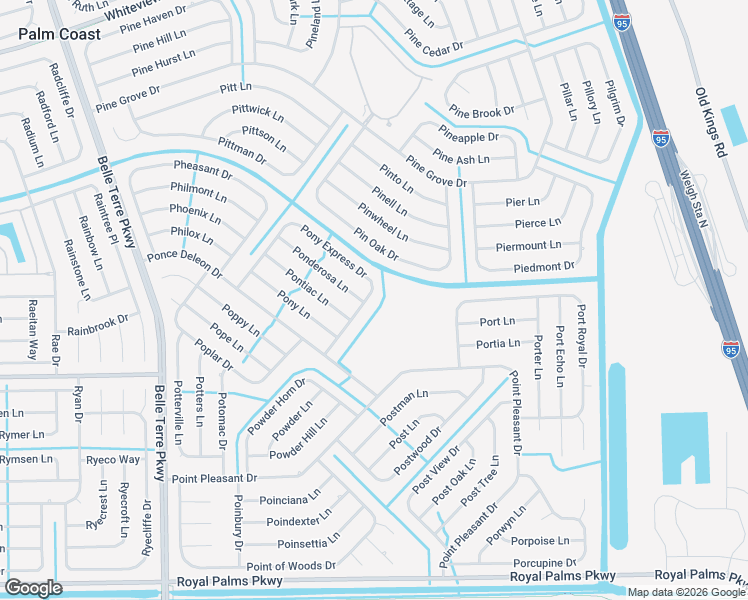map of restaurants, bars, coffee shops, grocery stores, and more near 34 Ponderosa Lane in Palm Coast