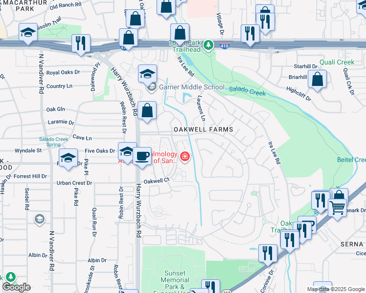 map of restaurants, bars, coffee shops, grocery stores, and more near 3360 Oakwell Court in San Antonio