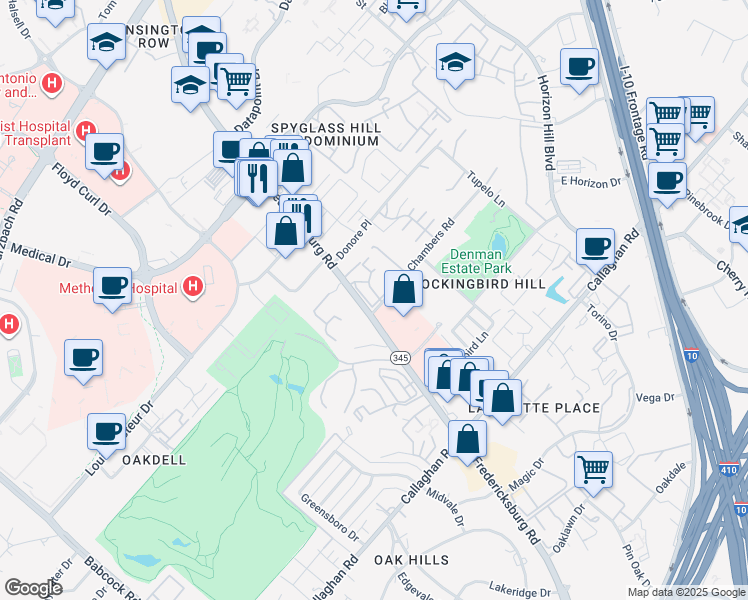 map of restaurants, bars, coffee shops, grocery stores, and more near 5430 Fredericksburg Road in San Antonio