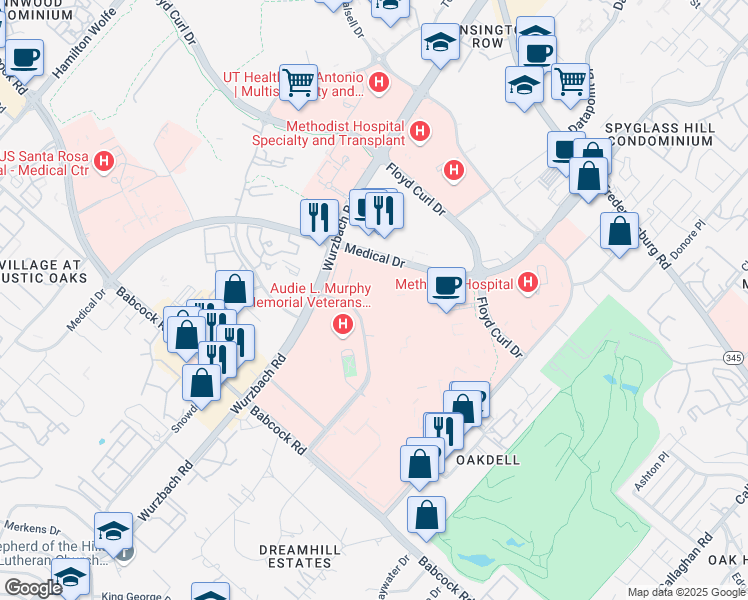 map of restaurants, bars, coffee shops, grocery stores, and more near 4502 Medical Drive in San Antonio