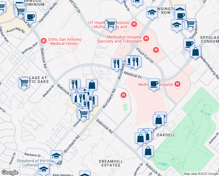 map of restaurants, bars, coffee shops, grocery stores, and more near 7701 Wurzbach Road in San Antonio