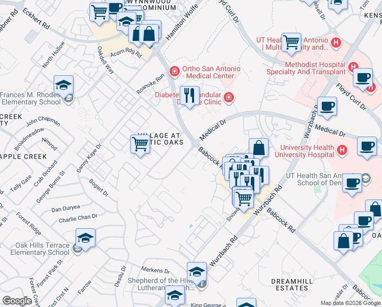 map of restaurants, bars, coffee shops, grocery stores, and more near 5330 Medical Drive in San Antonio