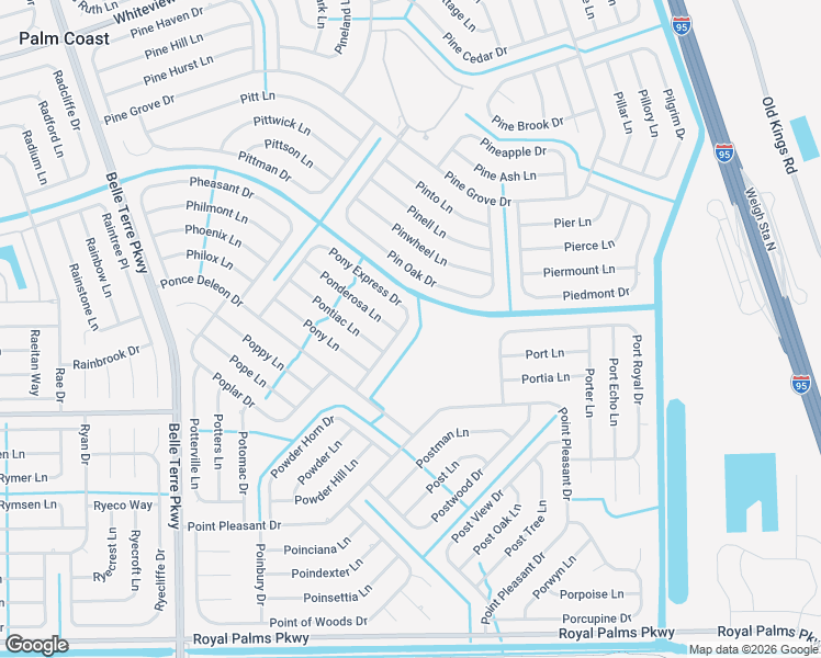 map of restaurants, bars, coffee shops, grocery stores, and more near 34 Ponderosa Lane in Palm Coast