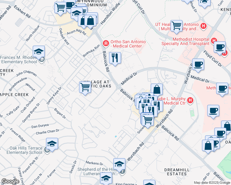 map of restaurants, bars, coffee shops, grocery stores, and more near 5330 Medical Drive in San Antonio
