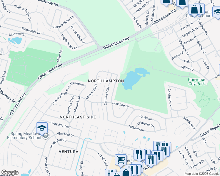 map of restaurants, bars, coffee shops, grocery stores, and more near 8143 Cantura Mills in Converse