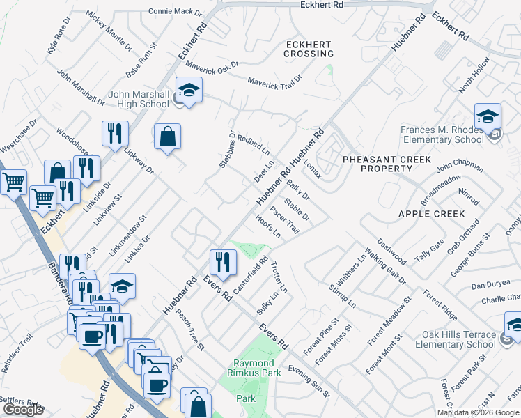 map of restaurants, bars, coffee shops, grocery stores, and more near 6438 Pacer Trail in San Antonio