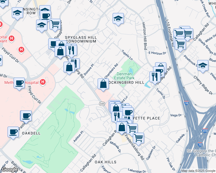 map of restaurants, bars, coffee shops, grocery stores, and more near 7738 Chambers Road in San Antonio