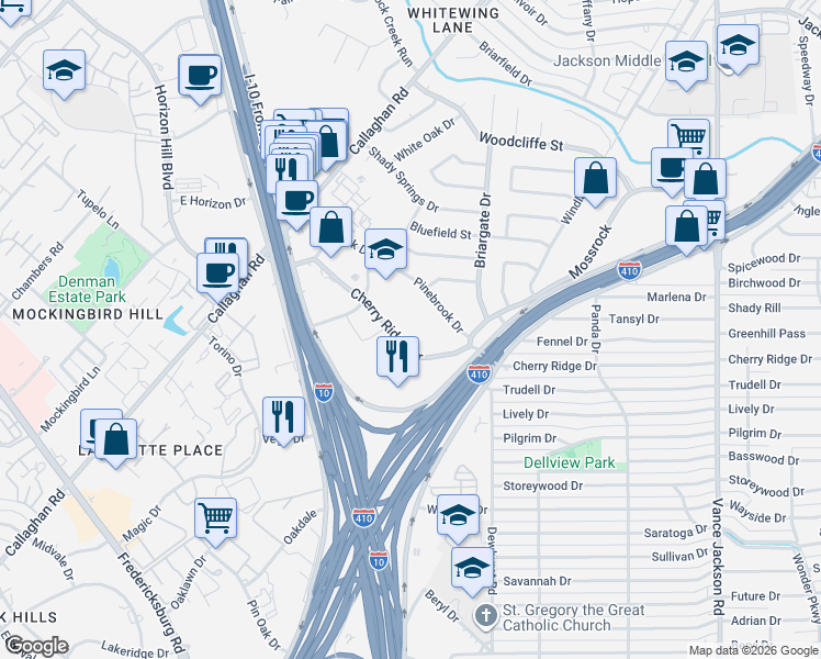 map of restaurants, bars, coffee shops, grocery stores, and more near 3201 Cherry Ridge in San Antonio