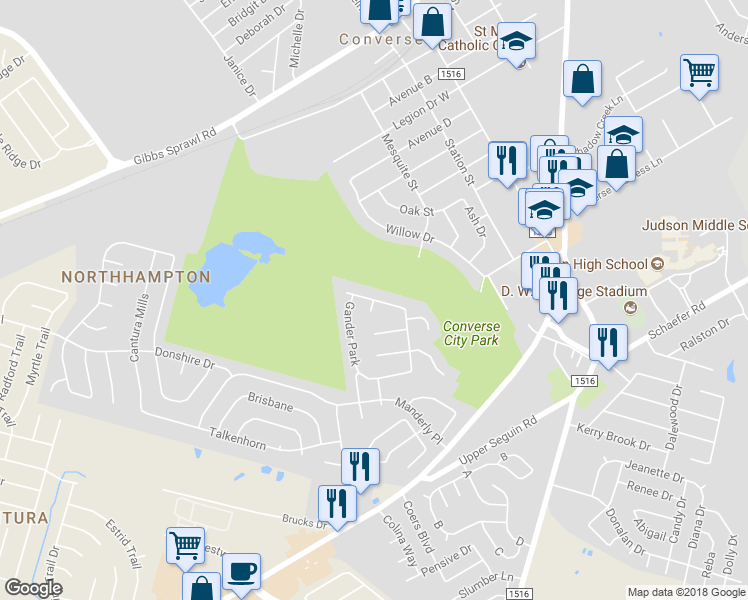 map of restaurants, bars, coffee shops, grocery stores, and more near Jaybrook Drive in Converse
