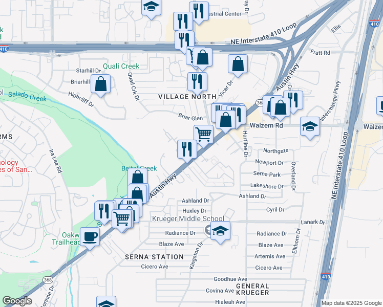 map of restaurants, bars, coffee shops, grocery stores, and more near 2355 Austin Highway in San Antonio