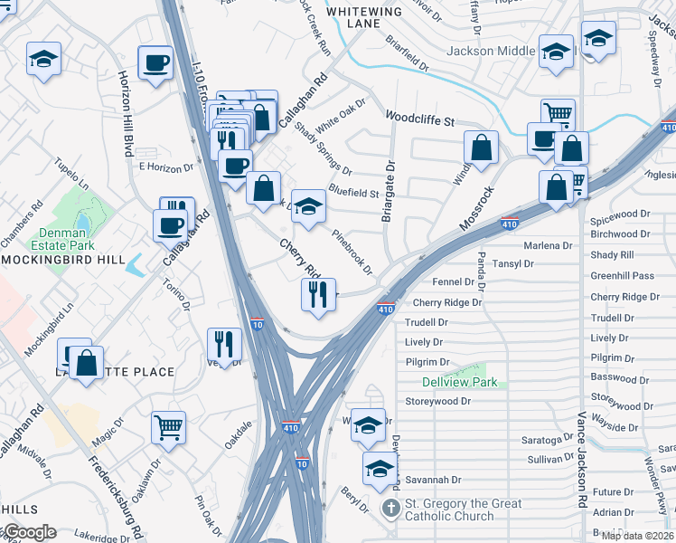 map of restaurants, bars, coffee shops, grocery stores, and more near 3201 Cherry Ridge Street in San Antonio