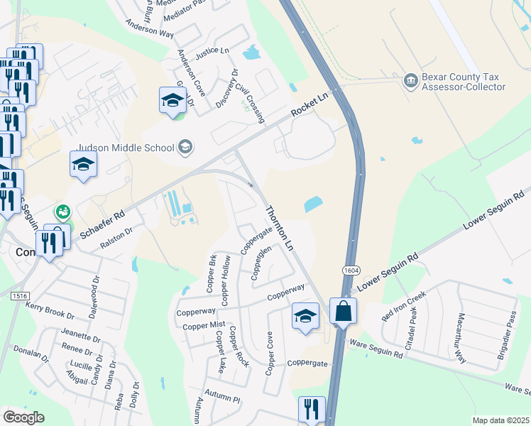 map of restaurants, bars, coffee shops, grocery stores, and more near 8415 Copperplace in Converse