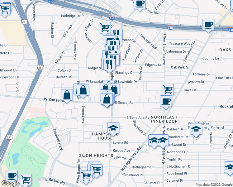 map of restaurants, bars, coffee shops, grocery stores, and more near 8018 Broadway in San Antonio