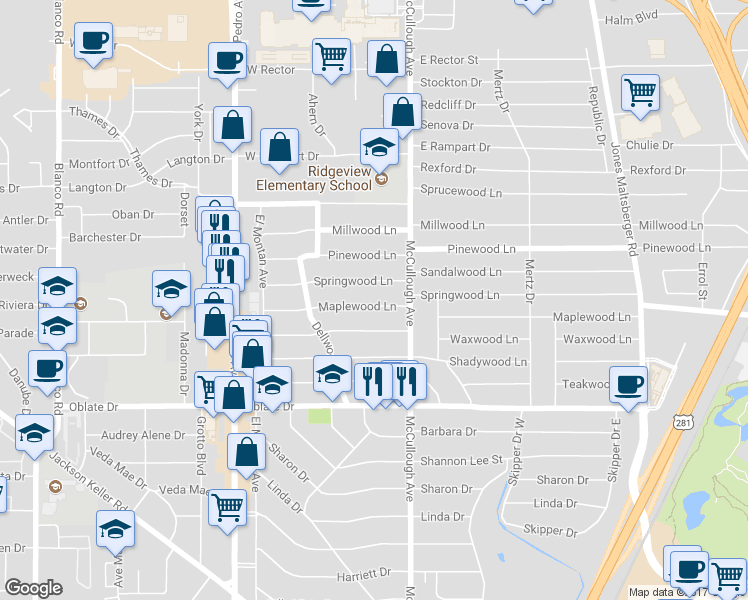 map of restaurants, bars, coffee shops, grocery stores, and more near 242 Maplewood Lane in San Antonio