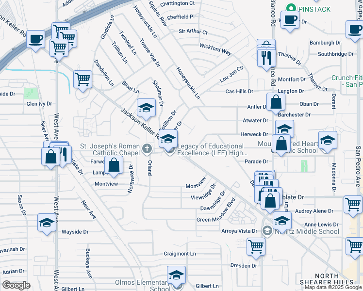 map of restaurants, bars, coffee shops, grocery stores, and more near in Castle Hills