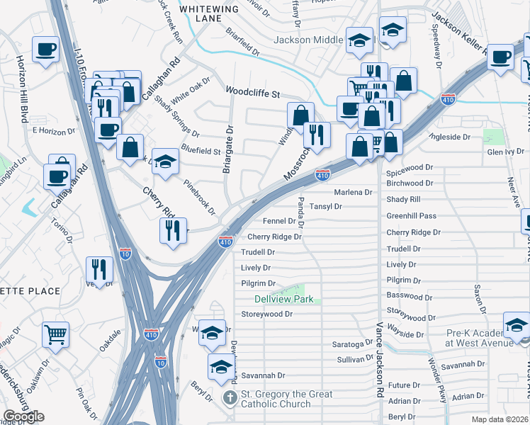 map of restaurants, bars, coffee shops, grocery stores, and more near 247 Fennel Drive in San Antonio