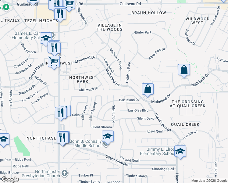 map of restaurants, bars, coffee shops, grocery stores, and more near 7515 Silent Cloud in San Antonio