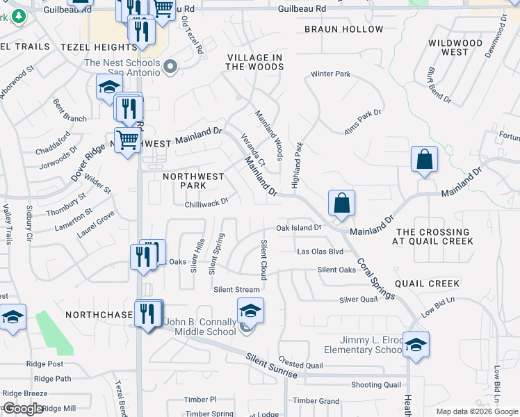 map of restaurants, bars, coffee shops, grocery stores, and more near 7515 Silent Cloud in San Antonio