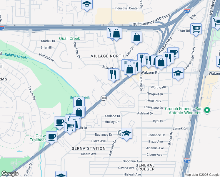 map of restaurants, bars, coffee shops, grocery stores, and more near 2355 Austin Highway in San Antonio