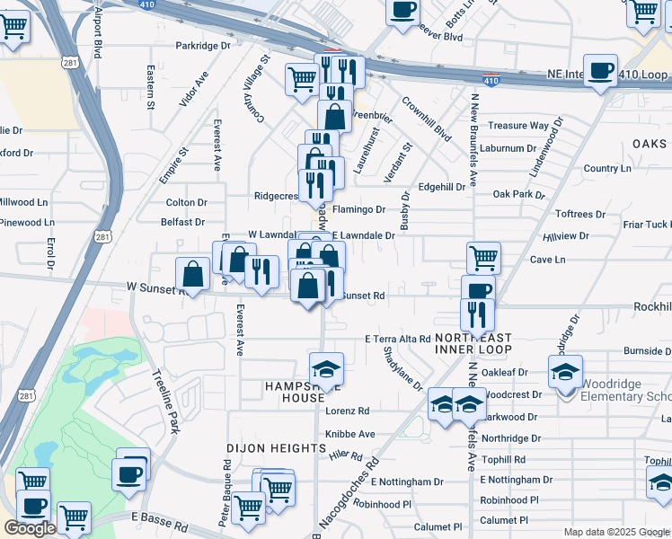 map of restaurants, bars, coffee shops, grocery stores, and more near 8018 Broadway in San Antonio
