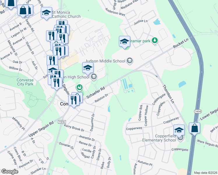 map of restaurants, bars, coffee shops, grocery stores, and more near 249 Ralston Drive in Converse