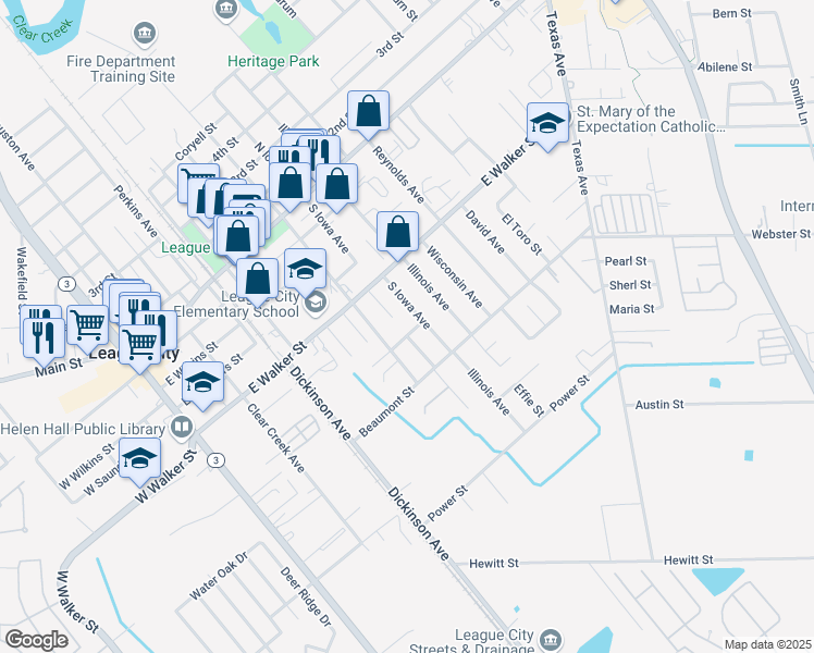 map of restaurants, bars, coffee shops, grocery stores, and more near 824 Oakridge Drive in League City