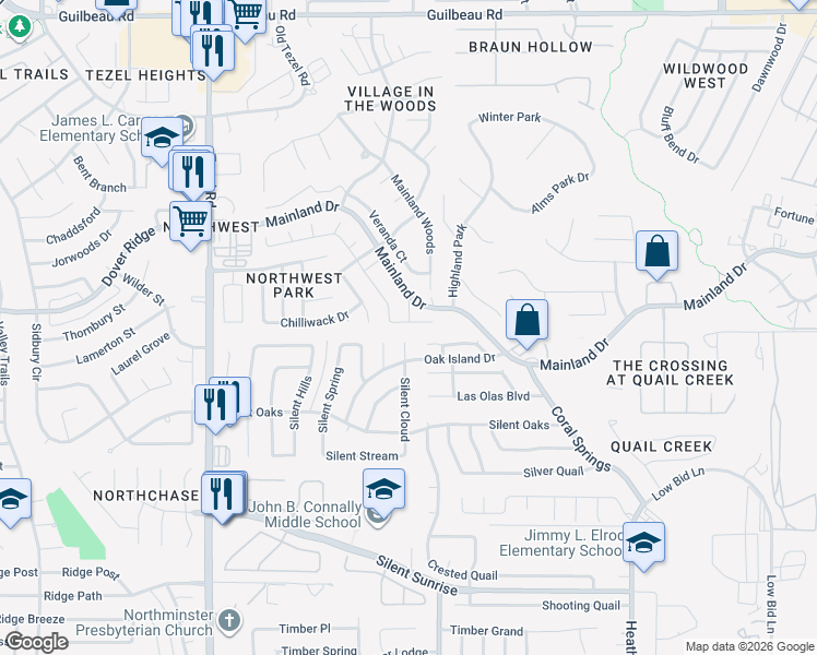 map of restaurants, bars, coffee shops, grocery stores, and more near 7515 Silent Cloud in San Antonio