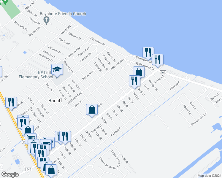 map of restaurants, bars, coffee shops, grocery stores, and more near 4430 5th Street in Bacliff