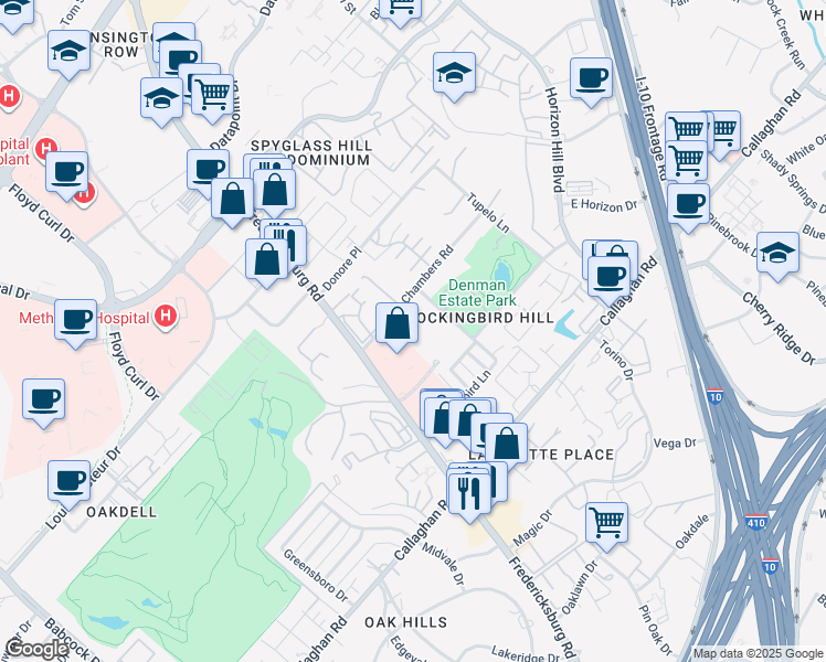 map of restaurants, bars, coffee shops, grocery stores, and more near 7738 Chambers Road in San Antonio