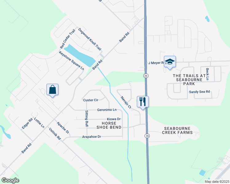 map of restaurants, bars, coffee shops, grocery stores, and more near 5022 Navajo Court in Rosenberg