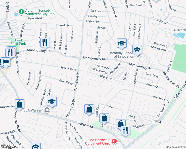map of restaurants, bars, coffee shops, grocery stores, and more near 6911 Ashbrook in San Antonio