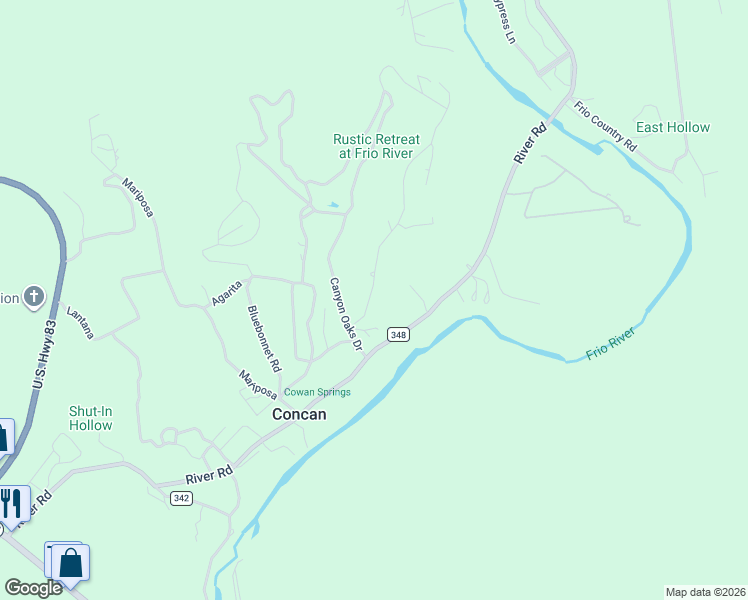 map of restaurants, bars, coffee shops, grocery stores, and more near 186 Cat Claw Mountain Road in Concan