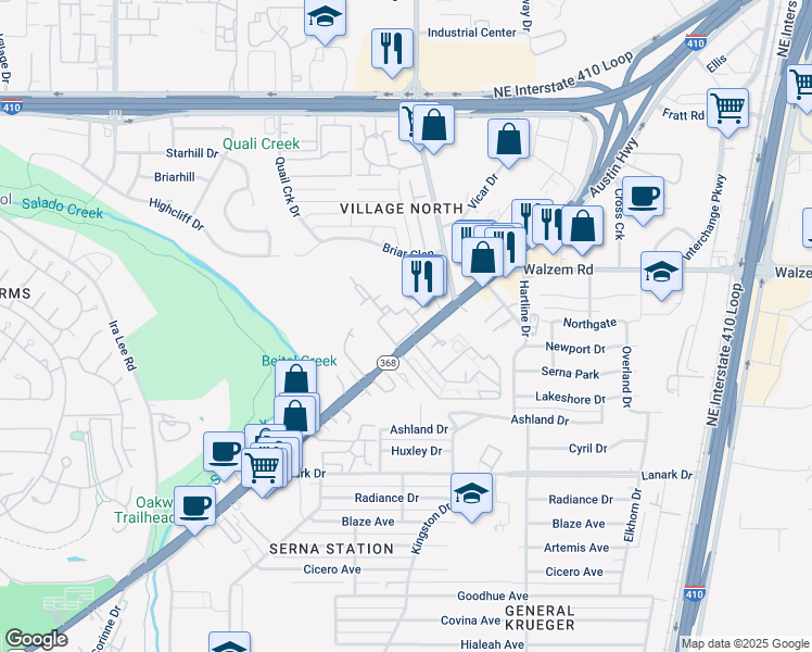 map of restaurants, bars, coffee shops, grocery stores, and more near 2347 Austin Highway in San Antonio