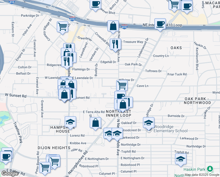 map of restaurants, bars, coffee shops, grocery stores, and more near 74 Camellia Way in San Antonio