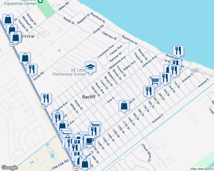 map of restaurants, bars, coffee shops, grocery stores, and more near 618 Jackson Avenue in Bacliff