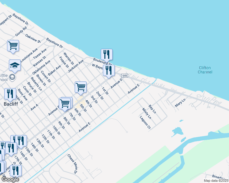 map of restaurants, bars, coffee shops, grocery stores, and more near 4719 1st Street in Bacliff