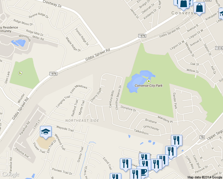 map of restaurants, bars, coffee shops, grocery stores, and more near 8143 Cantura Mills in Converse