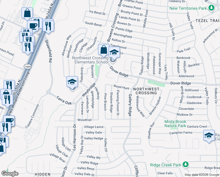 map of restaurants, bars, coffee shops, grocery stores, and more near 7278 Pine Branch in San Antonio