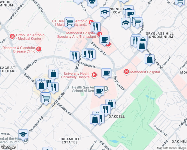 map of restaurants, bars, coffee shops, grocery stores, and more near 4502 Medical Drive in San Antonio