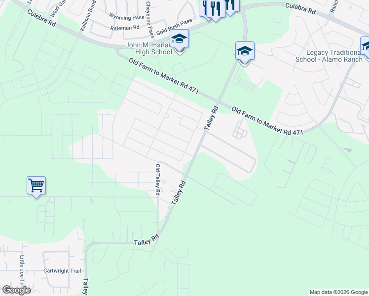 map of restaurants, bars, coffee shops, grocery stores, and more near 7401-7509 Talley Road in San Antonio