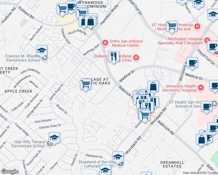map of restaurants, bars, coffee shops, grocery stores, and more near 2626 Babcock Road in San Antonio
