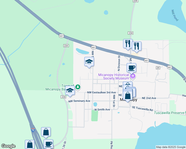 map of restaurants, bars, coffee shops, grocery stores, and more near Northwest 5 Street in Micanopy