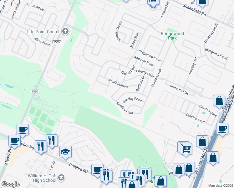 map of restaurants, bars, coffee shops, grocery stores, and more near 11232 Ballard Peak in San Antonio