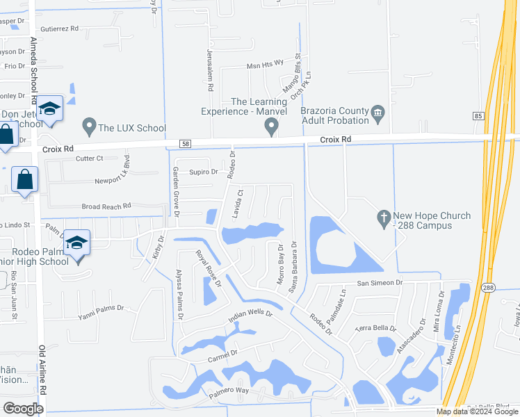 map of restaurants, bars, coffee shops, grocery stores, and more near 11 Lazy Swing Court in Manvel