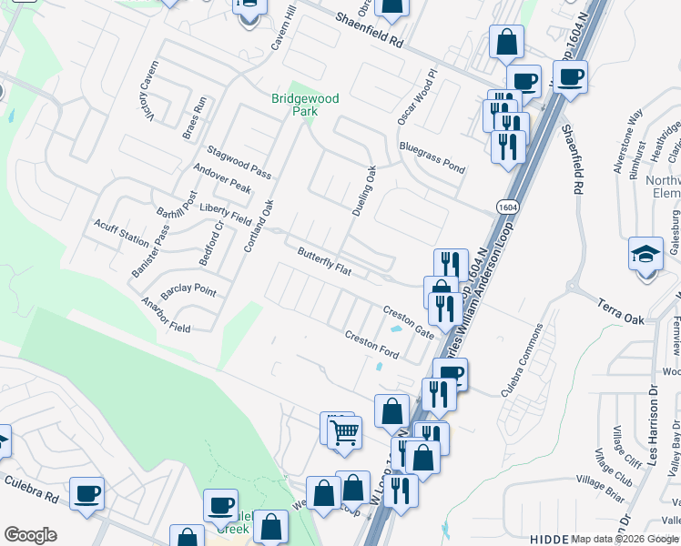 map of restaurants, bars, coffee shops, grocery stores, and more near 104 Creston Gate in San Antonio