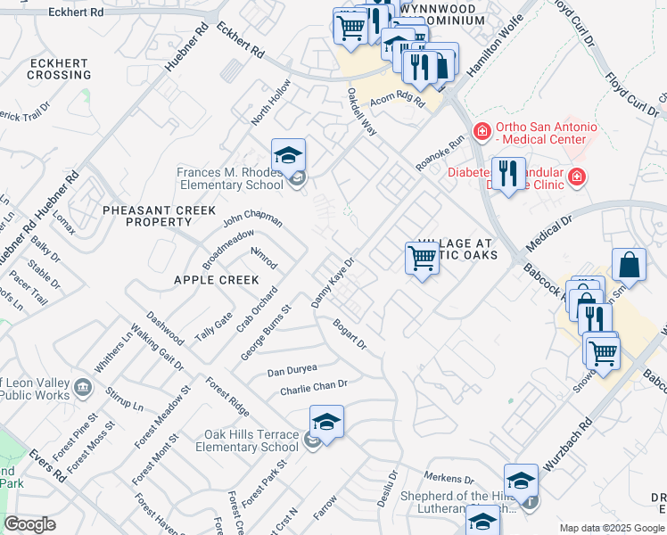 map of restaurants, bars, coffee shops, grocery stores, and more near 5903 Danny Kaye Drive in San Antonio