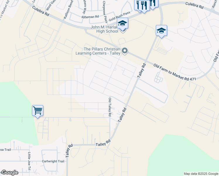 map of restaurants, bars, coffee shops, grocery stores, and more near 7102 Old Talley Road in San Antonio