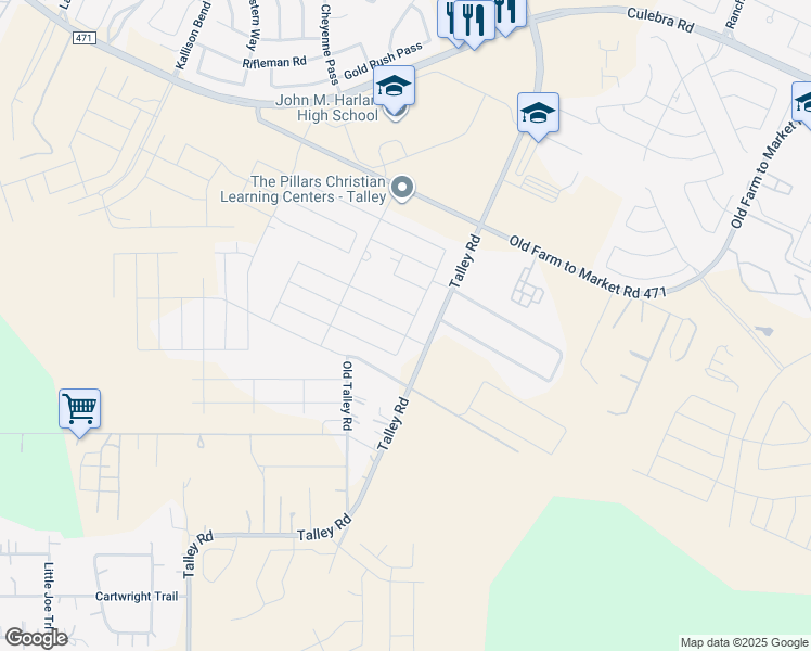 map of restaurants, bars, coffee shops, grocery stores, and more near 7401-7509 Talley Road in San Antonio